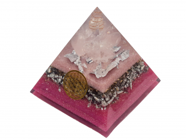 Orgonite pyramide quartz rose et fleur de vie dorée